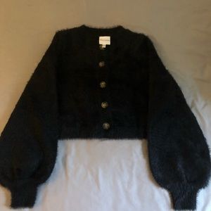 Skylar + Madison Black Fuzzy Button Up Sweater Balloon Sleeves